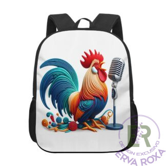 A Mochila Escolar Infantil Galo Cantor é um produto original e exclusivo da Erva Roxa, destacando-se pela estampa artística de um galo colorido a cantar num microfone vintage. Esta mochila infantil com galo garante durabilidade, impermeabilidade e elevado conforto no transporte diário do material.