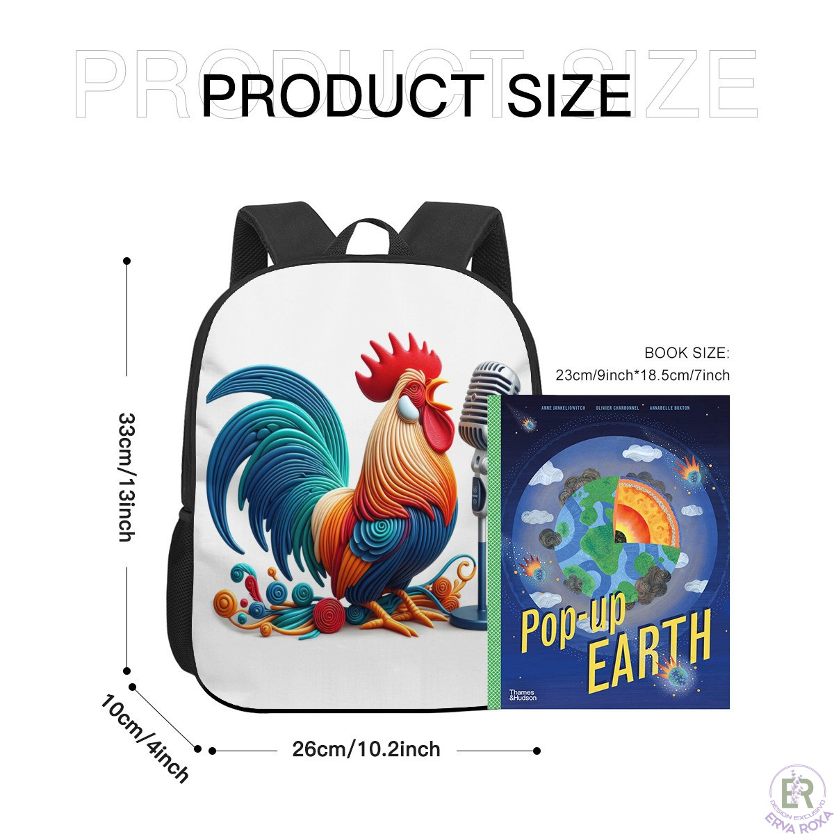 Mochila infantil com ilustração de galo e dimensões do produto.