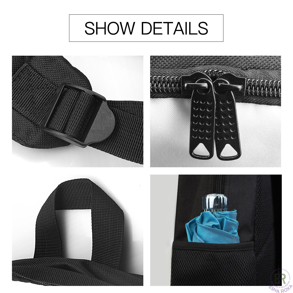 Detalhes de mochila preta: fivela, fechos, pega e bolso lateral.