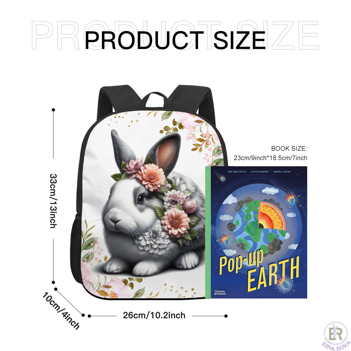 Mochila com desenho de coelho e flores e respetivas dimensões.