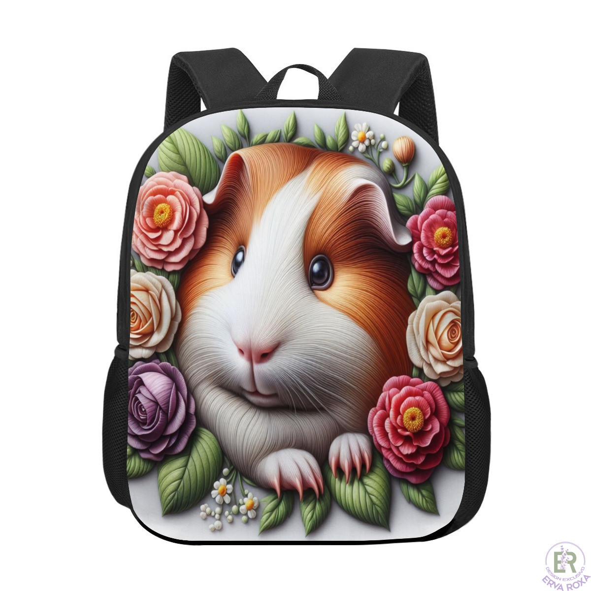 Mochila Escolar Infantil com Porquinho da Índia e Flores