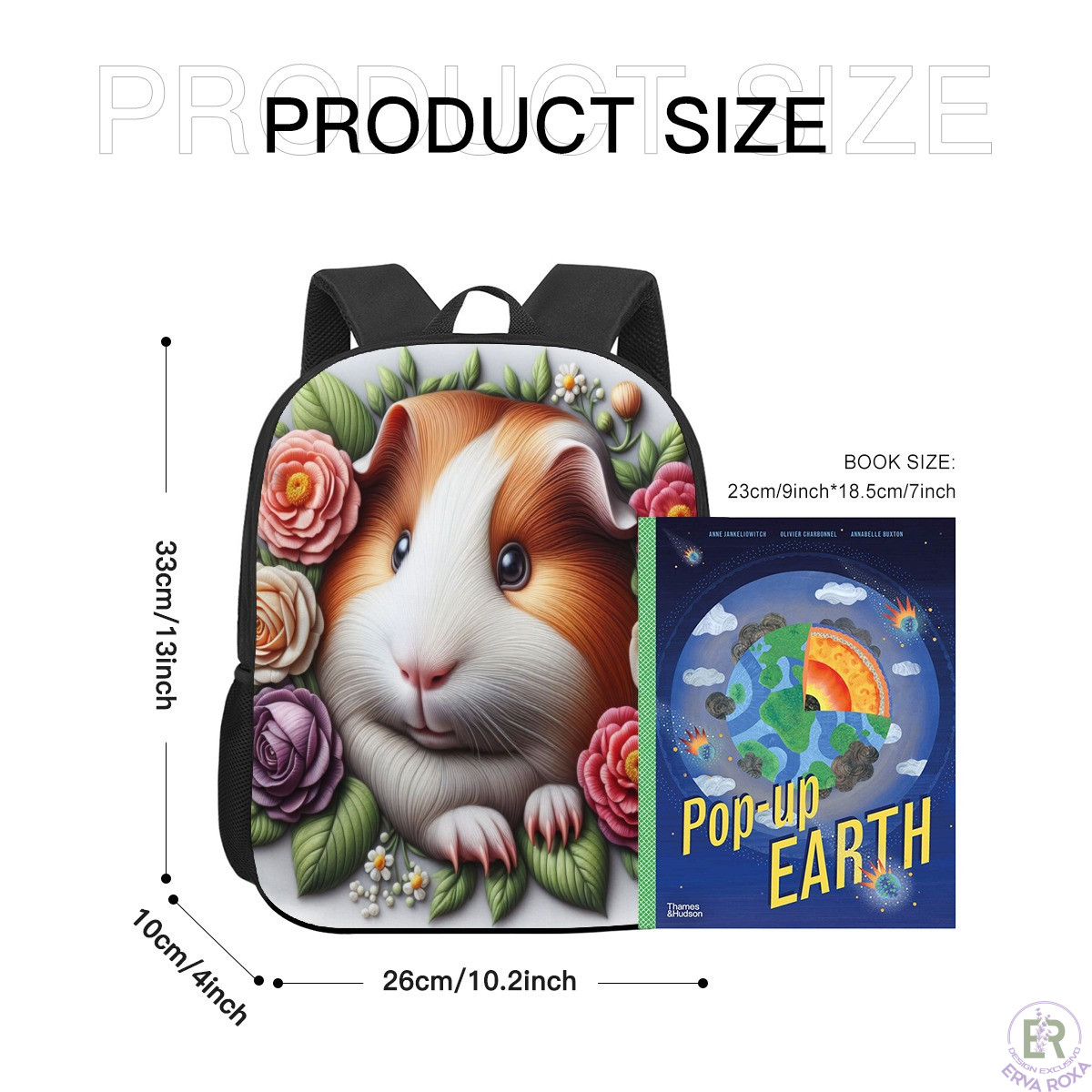 Mochila com imagem de porquinho-da-índia e dimensões detalhadas.