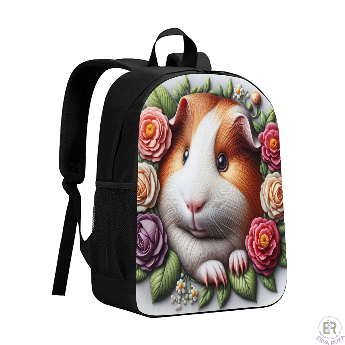 Mochila Escolar Infantil com Porquinho da Índia e Flores