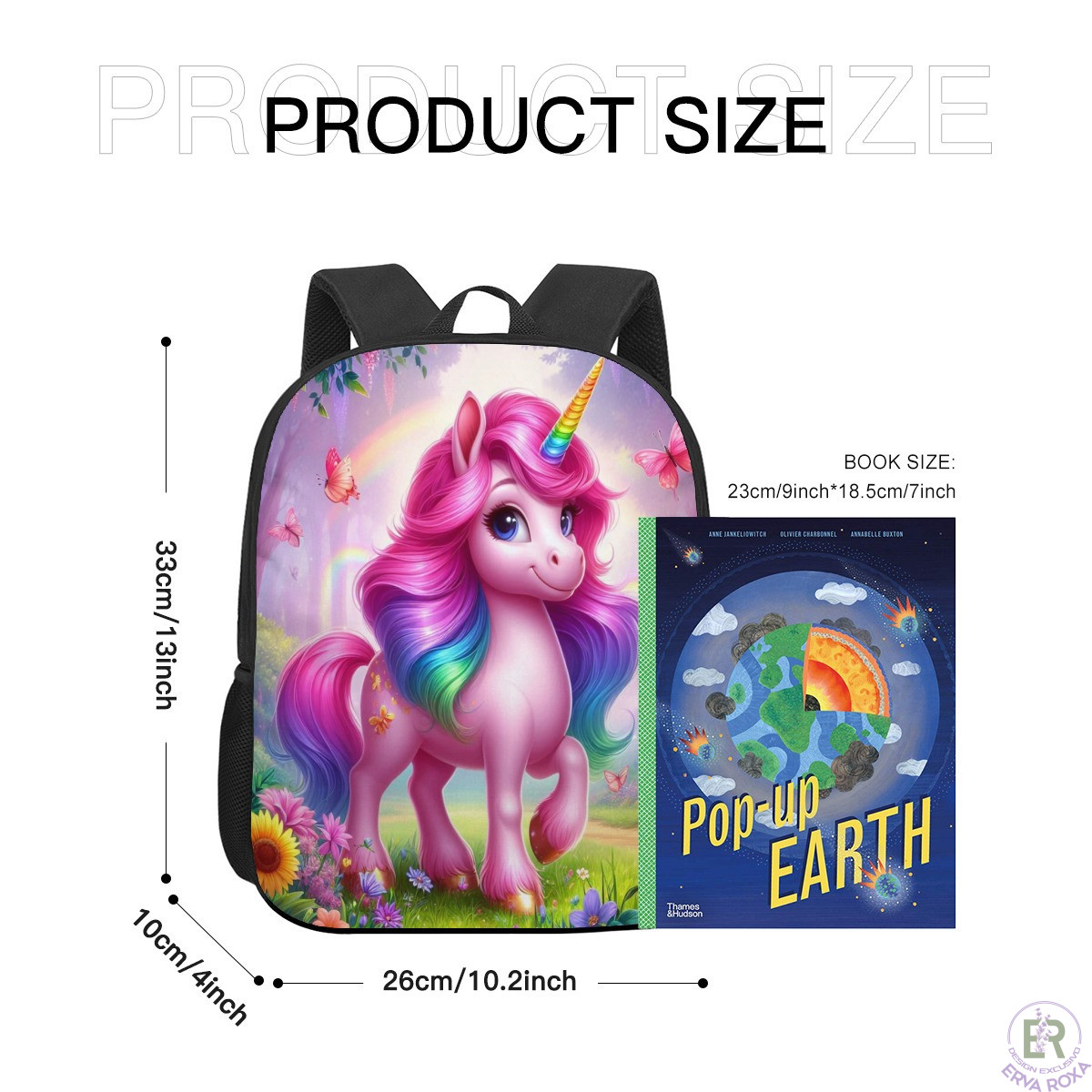 Mochila escolar de unicórnio com guia de dimensões do produto.