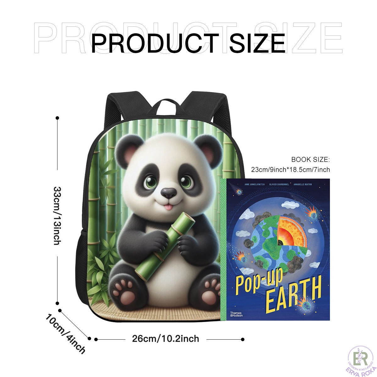 Mochila com desenho de panda e dimensões em centímetros.