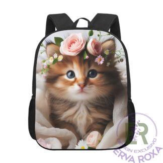 A Mochila Escolar Infantil Gatinha e Flores é um produto original e exclusivo da loja Erva Roxa, com uma estampa delicada de uma gatinha com coroa de flores