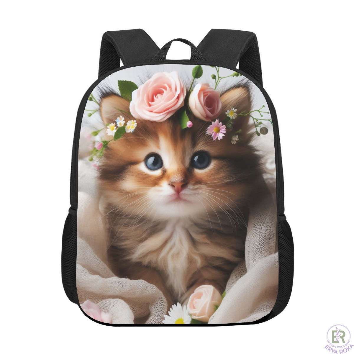 Mochila Escolar Infantil Gatinha e Flores