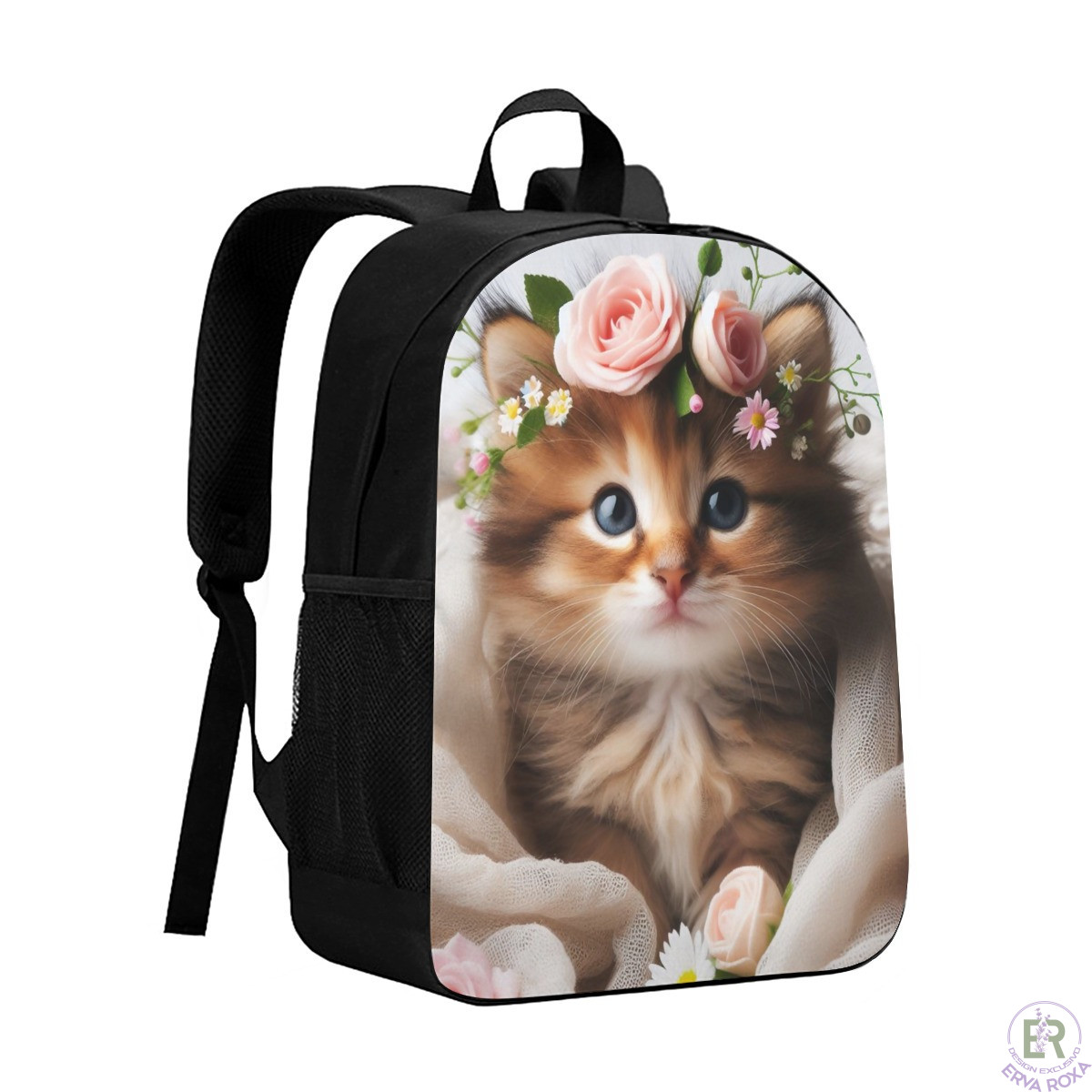 Mochila Escolar Infantil Gatinha e Flores