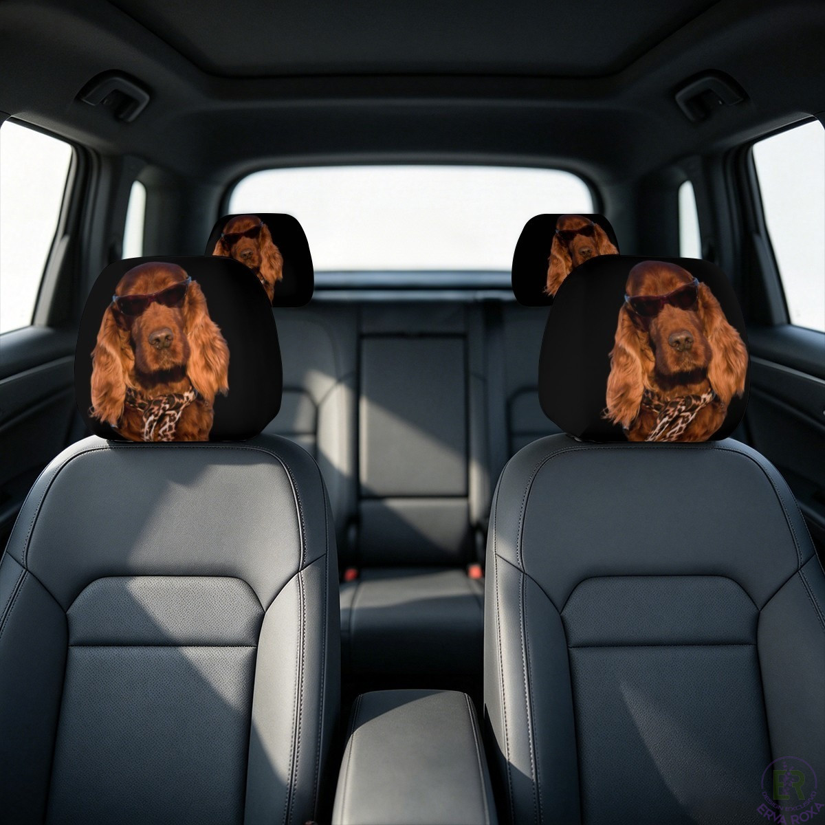 Capas de encosto de cabeça com cão de óculos escuros.