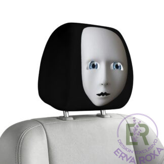 Capa de encosto de cabeça para automóvel com rosto branco.