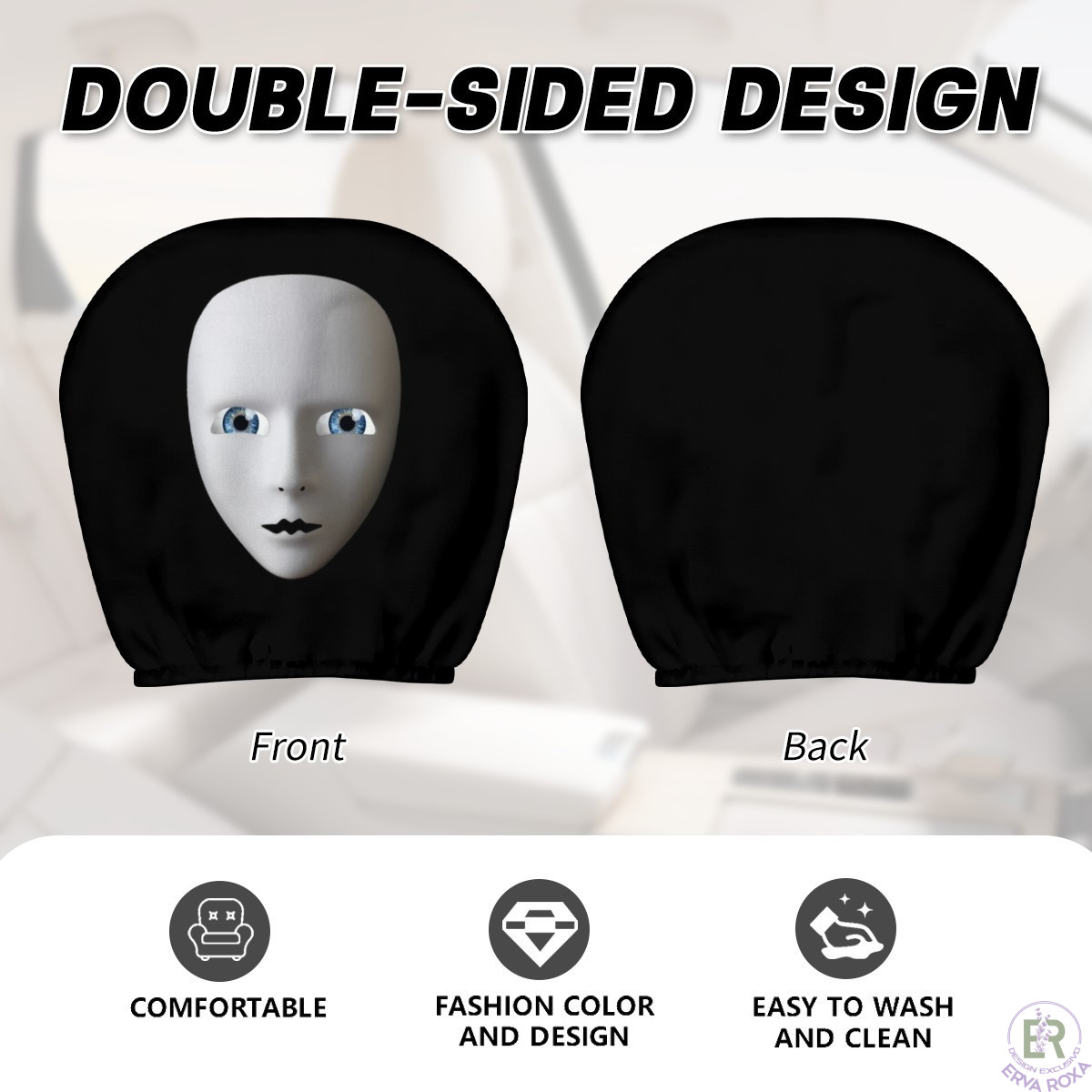 Capa de encosto preta com máscara, design de dupla face.