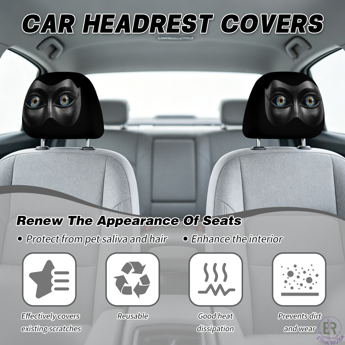 Capas para encostos de cabeça de automóvel com olhos realistas.